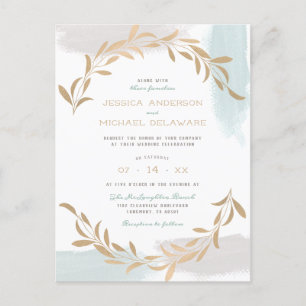 Invitation Carte Postale Mariage botanique brossé bleu et beige Aquarelle