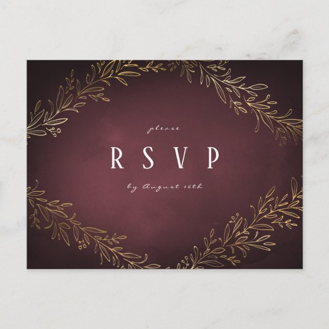 Invitation Carte Postale Mariage botanique en or doré bordeaux RSVP (Devant)