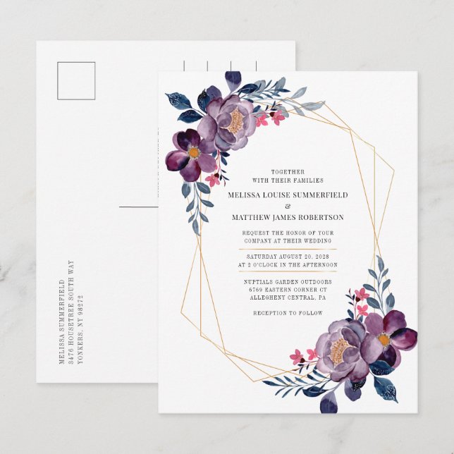 Invitation Carte Postale Mariage botanique géométrique floral violet (Devant / Derrière)