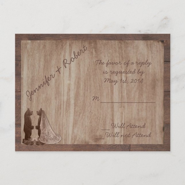 Invitation Carte Postale Mariage campagnard d'ours en bois de grange RSVP (Devant)