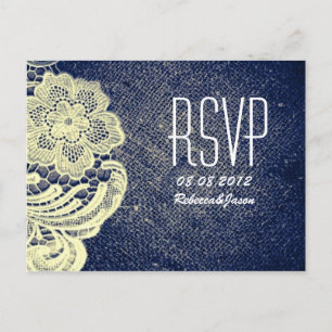 Invitation Carte Postale mariage campagnard en dentelle bleu marine rustiqu