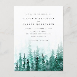 Invitation Carte Postale Mariage campagnard forestier de pins d'aquarelle