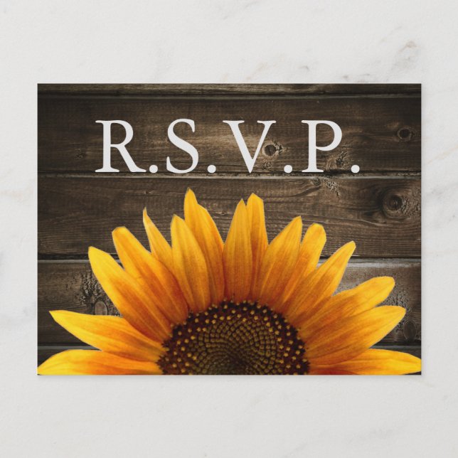 Invitation Carte Postale Mariage campagnard rustique Bois et tournesols RSV (Devant)