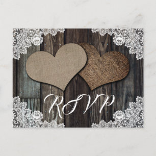 Invitation Carte Postale Mariage champêtre rustique en bois avec dentelle e