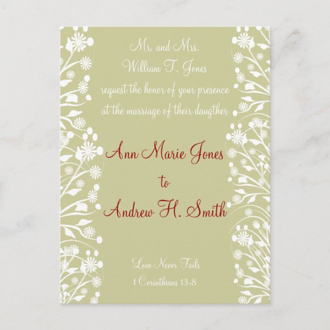 Invitation Carte Postale Mariage chrétien vert et blanc (Devant)