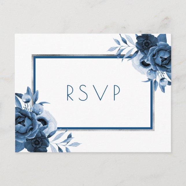 Invitation Carte Postale Mariage classique bleu floral argent blanc RSVP (Devant)