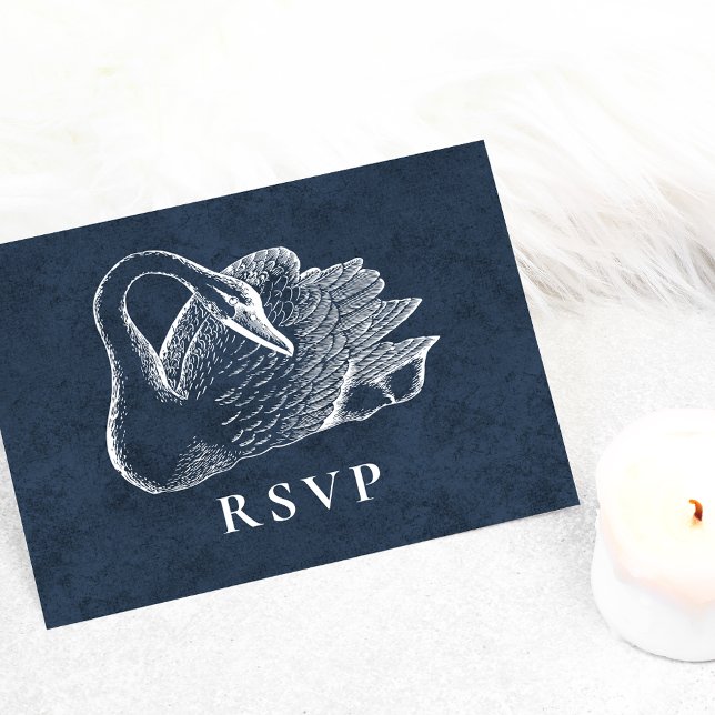 Invitation Carte Postale Mariage Cygne Blanc Nuit Bleu RSVP (Créateur téléchargé)