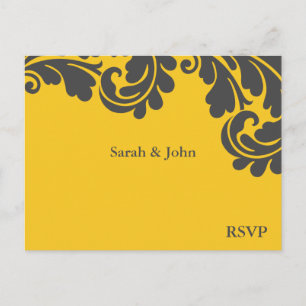 Invitation Carte Postale Mariage Damas Jaune et Gris RSVP