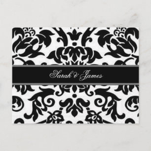 Invitation Carte Postale Mariage damassé blanc et gris noir RSVP