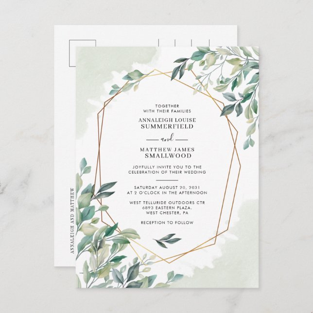 Invitation Carte Postale Mariage d'aquarelle Eucalyptus Foliage (Devant / Derrière)