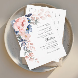 Invitation Carte Postale Mariage d'aquarelle rose bleu foncé