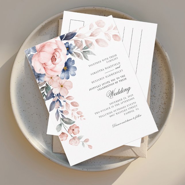 Invitation Carte Postale Mariage d'aquarelle rose bleu foncé (Blush Pink Floral Watercolor Wedding Invitation Postcard)