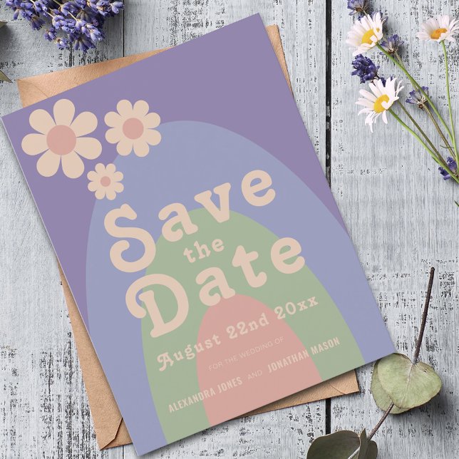 Invitation Carte Postale Mariage d'arche moderne Retro Daisy (Retro daisy arch groovy typography pastel wedding save the date budget postcard invitation )
