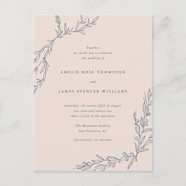 Invitation Carte Postale Mariage de branches de couleur rose pâle et marine (Devant)
