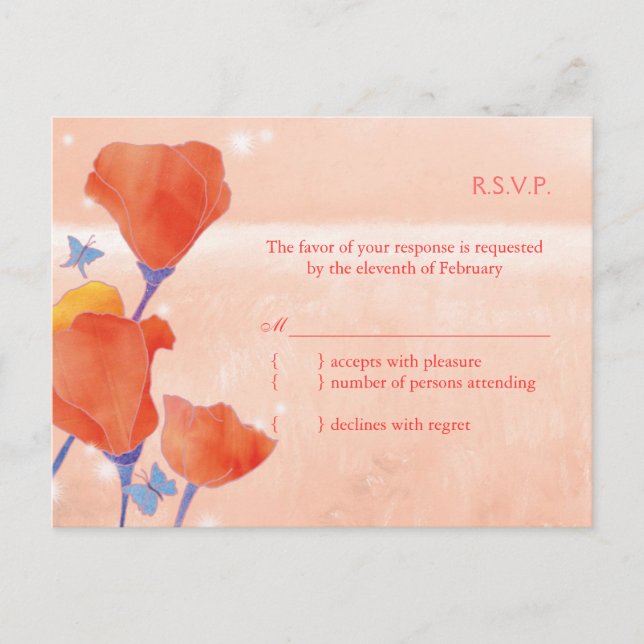 Invitation Carte Postale Mariage de coquelicot rouge et corail RSVP (Devant)