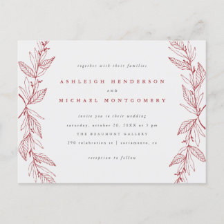 Invitation Carte Postale Mariage de couronne botanique rouge et gris
