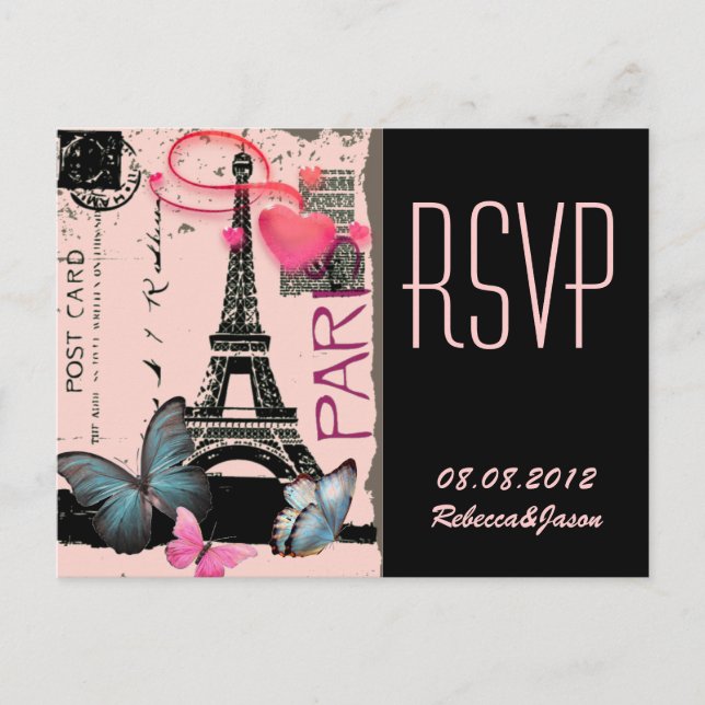 Invitation Carte Postale mariage de destination tour eiffel rose paris (Devant)