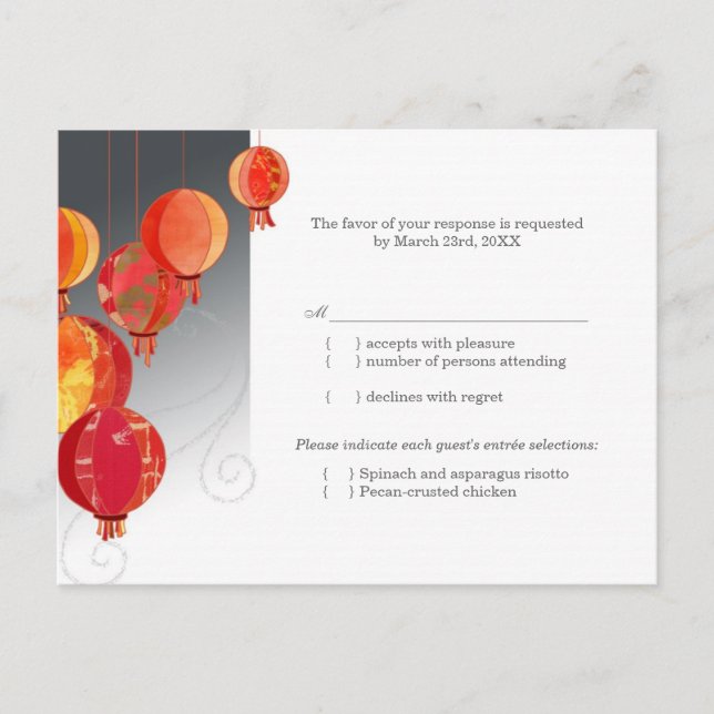 Invitation Carte Postale Mariage de lanternes rouge asiatique pendante RSVP (Devant)