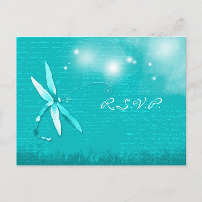 Invitation Carte Postale Mariage de libellules poétiques Turquoise RSVP (Devant)