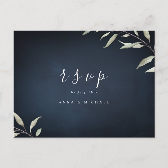 Invitation Carte Postale Mariage de Moody Marine minimum verdure RSVP (Devant)