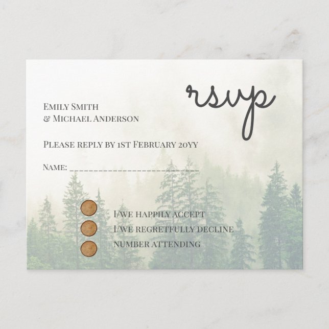 Invitation Carte Postale Mariage de pins forestiers RSVP Retour Postacard (Devant)