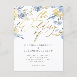 Invitation Carte Postale Mariage de script bleu floral Dusty