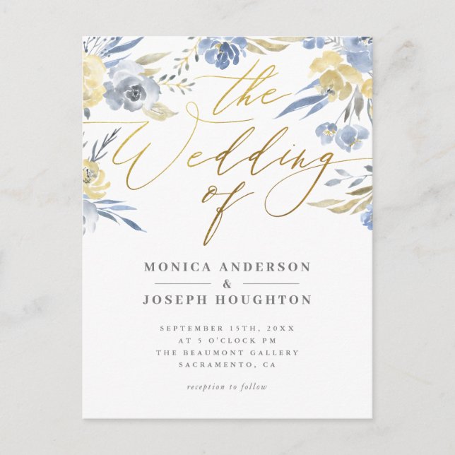 Invitation Carte Postale Mariage de script bleu floral Dusty (Devant)
