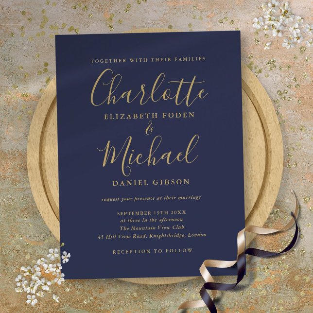 Invitation Carte Postale Mariage de script de signature bleu et or Marine (Navy Blue And Gold Signature Script Wedding Invitation Postcard)