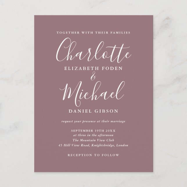 Invitation Carte Postale Mariage de script de signature Mauve (Devant)