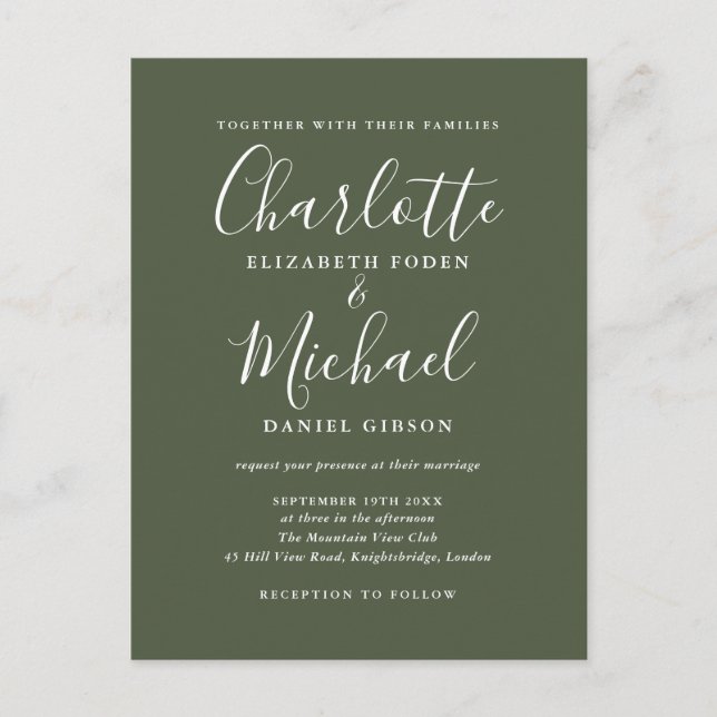Invitation Carte Postale Mariage de script de signature vert olive (Devant)