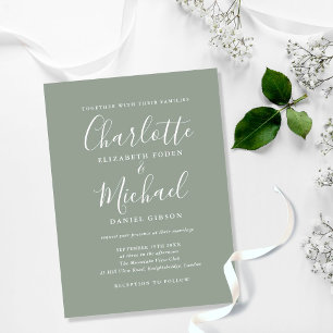 Invitation Carte Postale Mariage de script de signature verte Sage