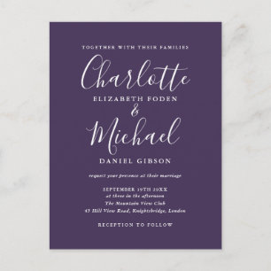 Invitation Carte Postale Mariage de script de signature violet