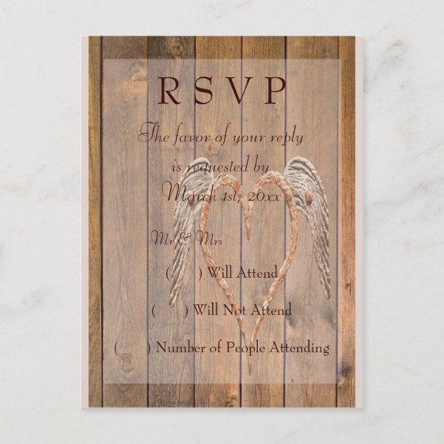 Invitation Carte Postale Mariage de style rustique avec ailes d'ange de cam (Devant)