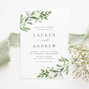 Invitation Carte Postale Mariage de verdure romantique et de fleurs blanche