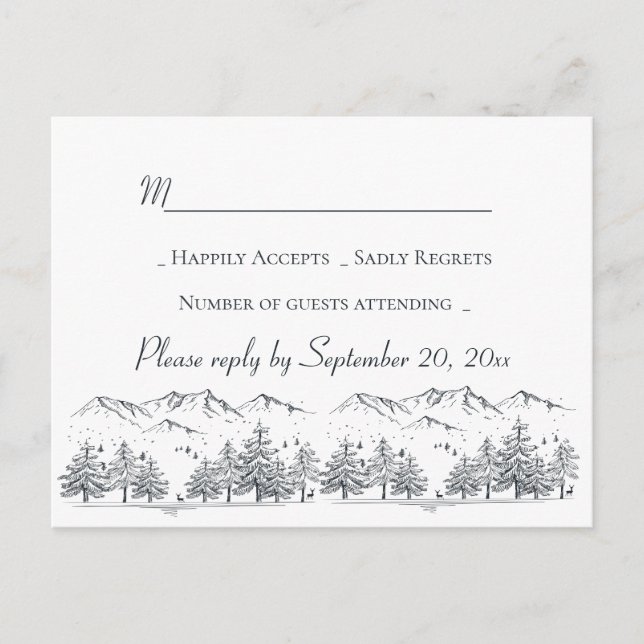 Invitation Carte Postale Mariage d'hiver RSVP Mountain Trees Pays rustique (Devant)