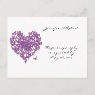 Invitation Carte Postale Mariage du coeur de papillon pourpre RSVP