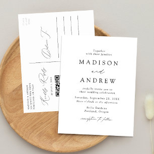 Invitation Carte Postale Mariage Élégant Moderne avec Code QR Noir et Blanc