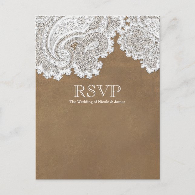 Invitation Carte Postale Mariage Élégant Rustique Blanc et Dentelle RSVP (Devant)