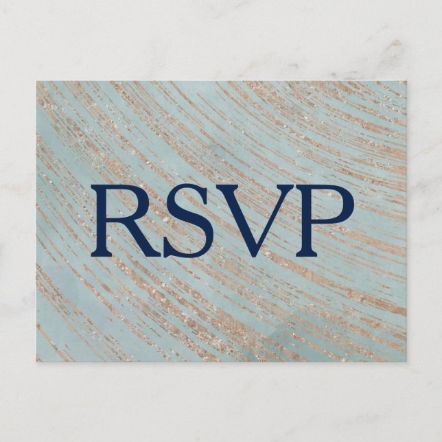 Invitation Carte Postale Mariage en cuivre et en marbre bleu RSVP (Devant)