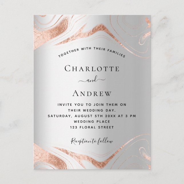 Invitation Carte Postale Mariage en marbre d'or rose argent (Devant)