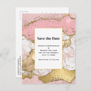 Invitation Carte Postale Mariage en marbre rose or Rose de luxe Enregistrer