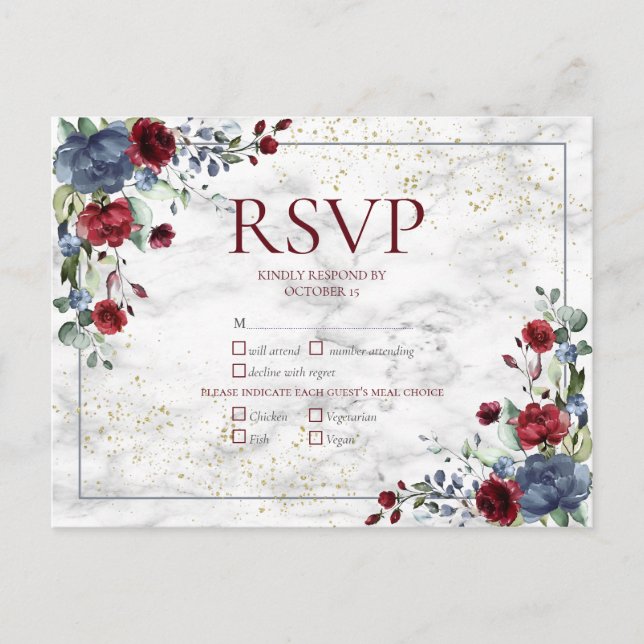 Invitation Carte Postale Mariage en or bleu clair rougeâtre RSVP (Devant)