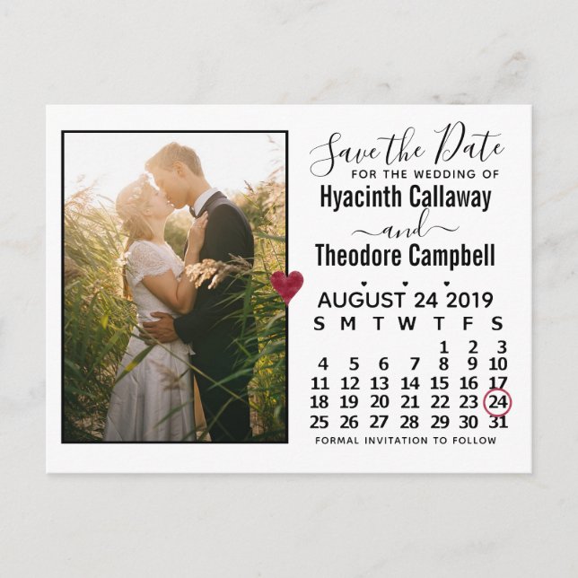 Invitation Carte Postale Mariage Enregistrer la date août 2019 Calendrier p (Devant)