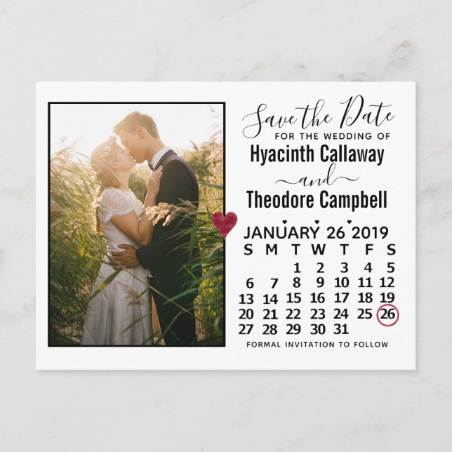Invitation Carte Postale Mariage Enregistrer la date Janvier 2019 Calendrie (Devant)