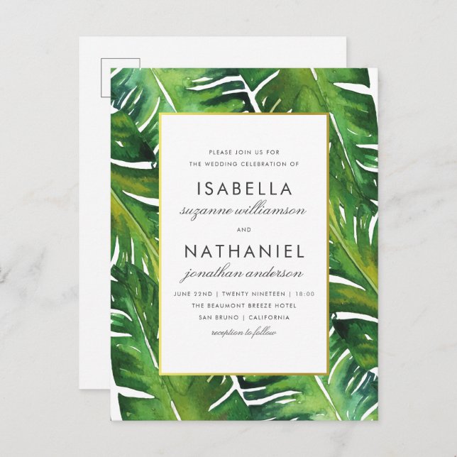 Invitation Carte Postale Mariage Feuille vert moderne (Devant / Derrière)