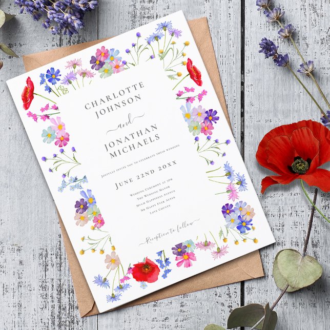 Invitation Carte Postale Mariage Fleur sauvage moderne (Modern colorful wildflower budget wedding invitation with boho chic watercolor floral and typography)