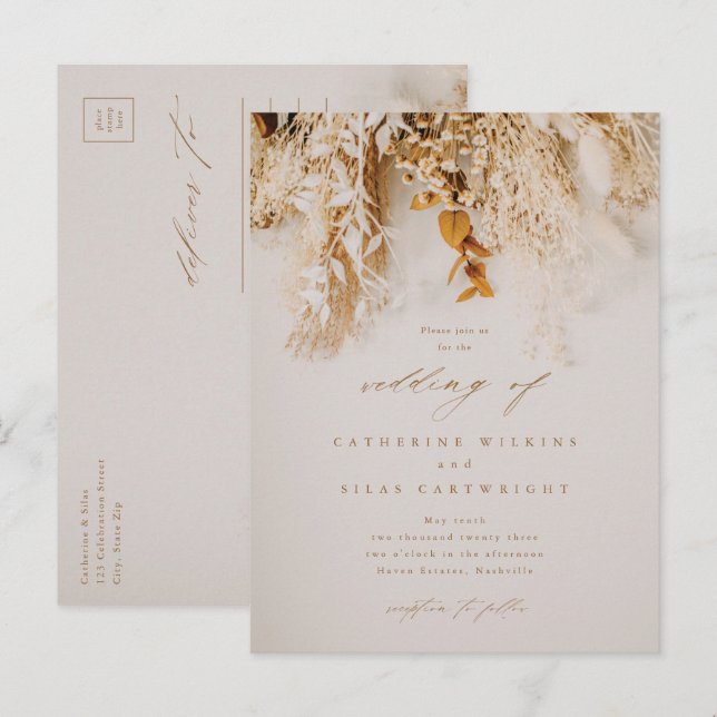 Invitation Carte Postale Mariage Fleurs d'Automne Bohème (Devant / Derrière)