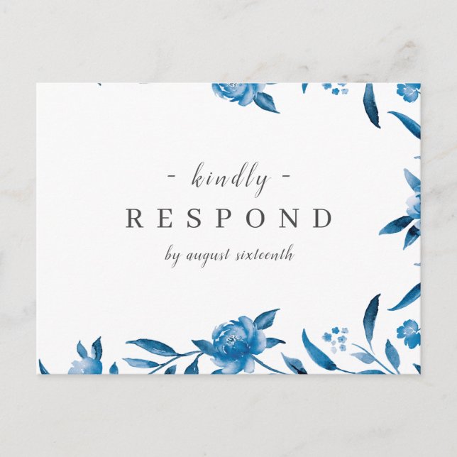 Invitation Carte Postale Mariage floral bleu et blanc à l'aquarelle (Devant)