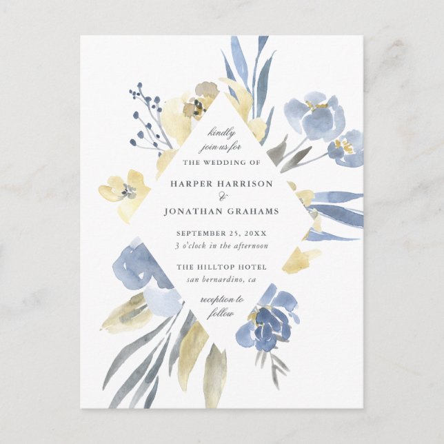 Invitation Carte Postale Mariage floral bleu et jaune Dusty (Devant)