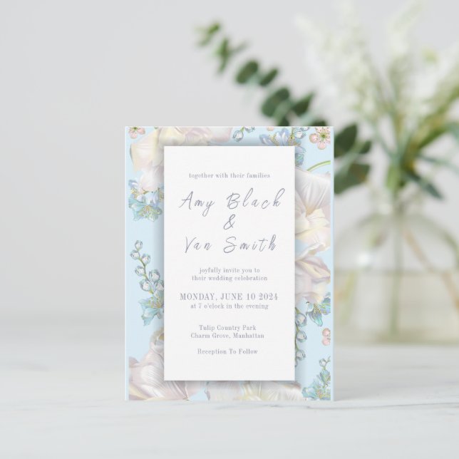 Invitation Carte Postale Mariage floral bleu Tulip (Debout devant)